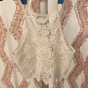 White lace high neck crop top
